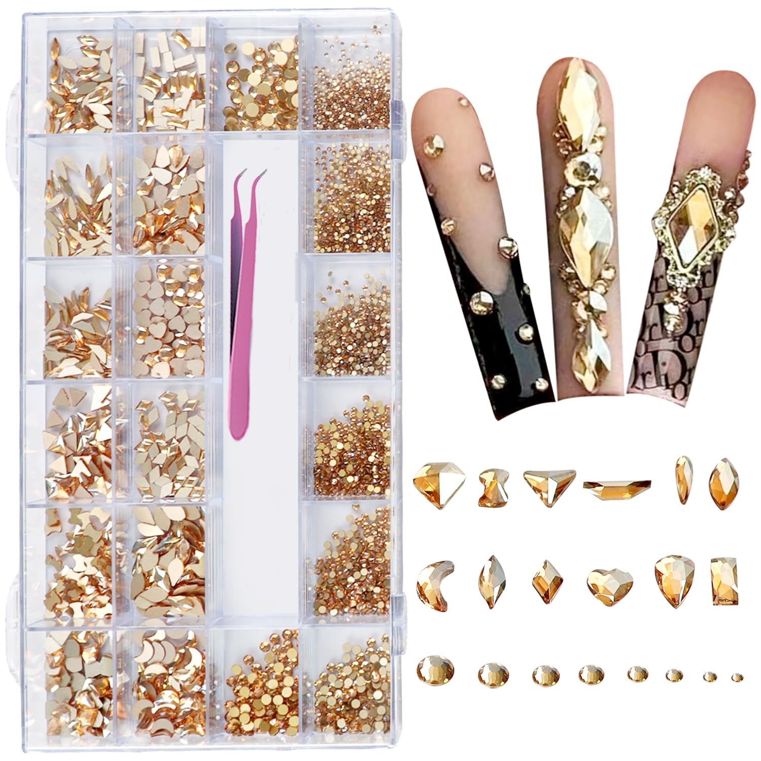 AMLAVIFISH Gold Nail Rhinestones Kit – 6080Pcs, 20 Shapes, Tweezers Included