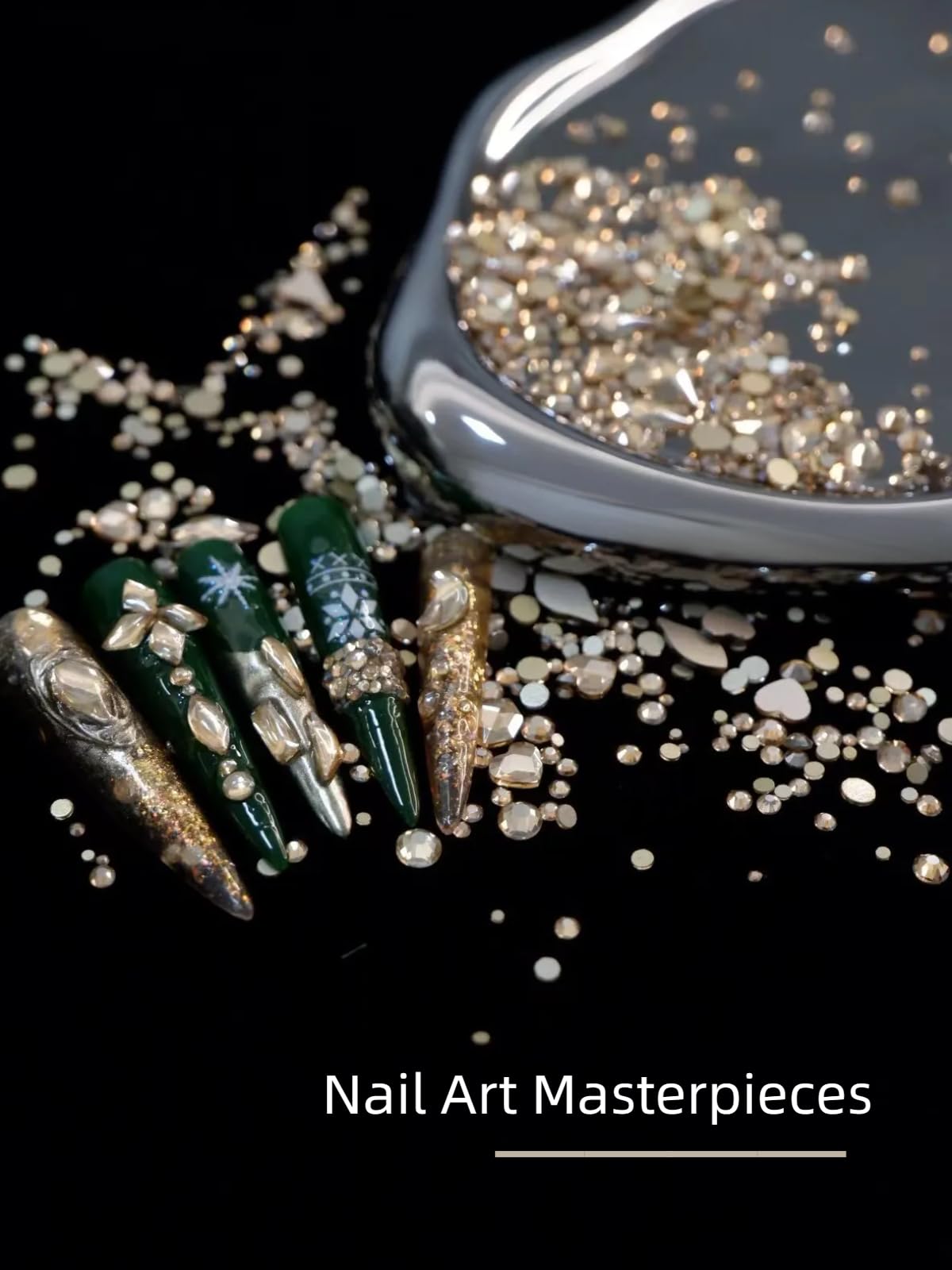 AMLAVIFISH Gold Nail Rhinestones Kit – 6080Pcs, 20 Shapes, Tweezers Included