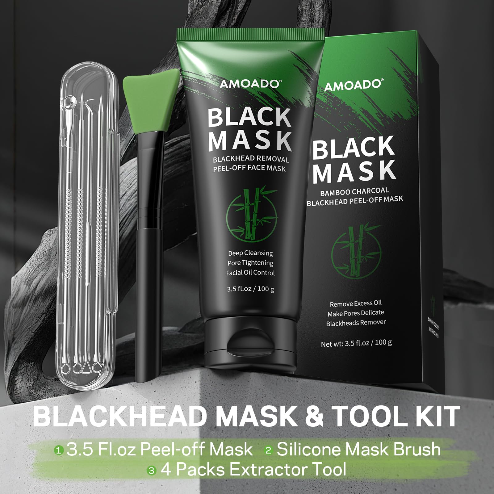 AMOADO Blackhead Remover Mask with Charcoal Peel-Off | 100g Pore Refining Kit + Brush & Extractor