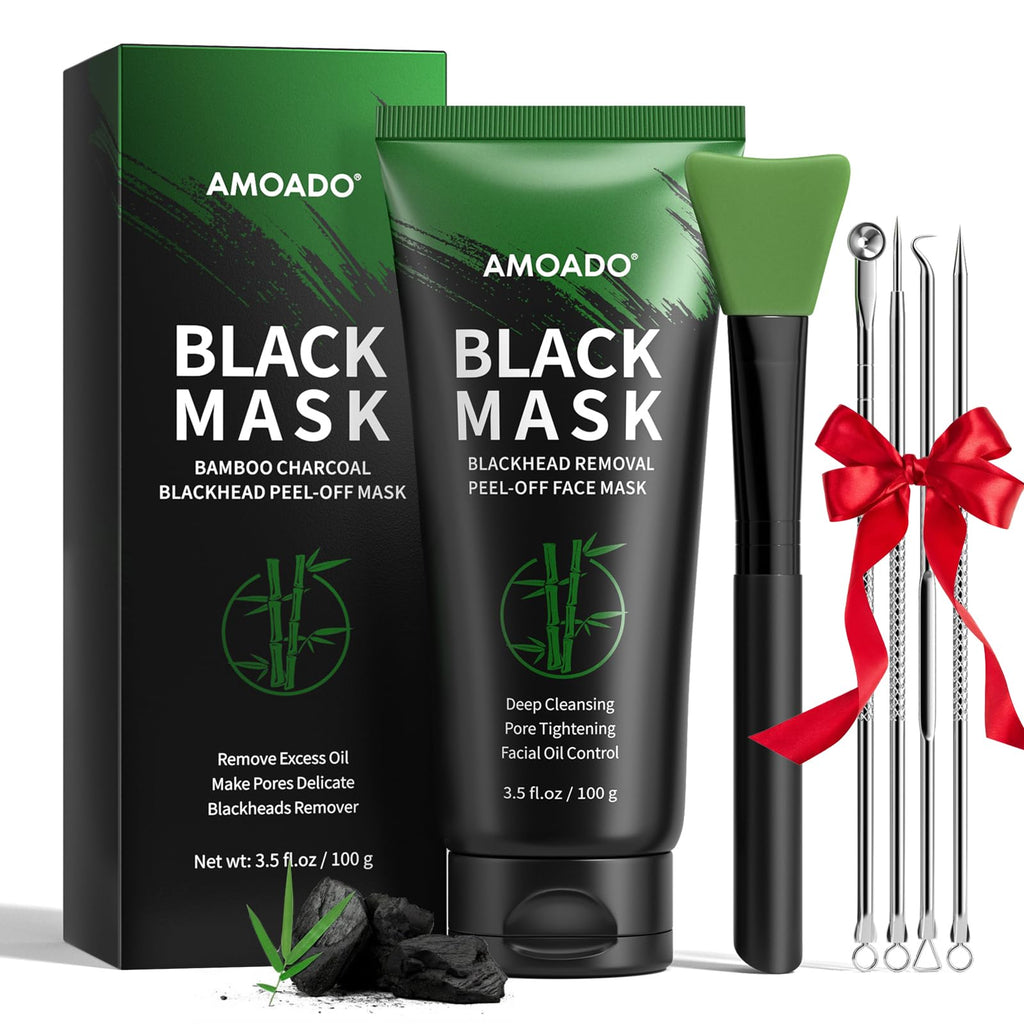 AMOADO Blackhead Remover Mask with Charcoal Peel-Off | 100g Pore Refining Kit + Brush & Extractor