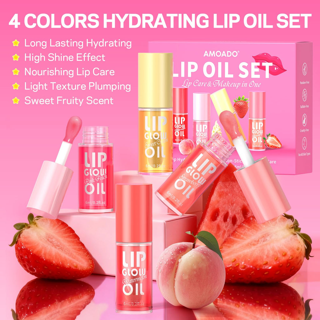 AMOADO Lip Oil Gift Set – Hydrating, Non-Sticky Glossy Tint in 4 Fruity Shades