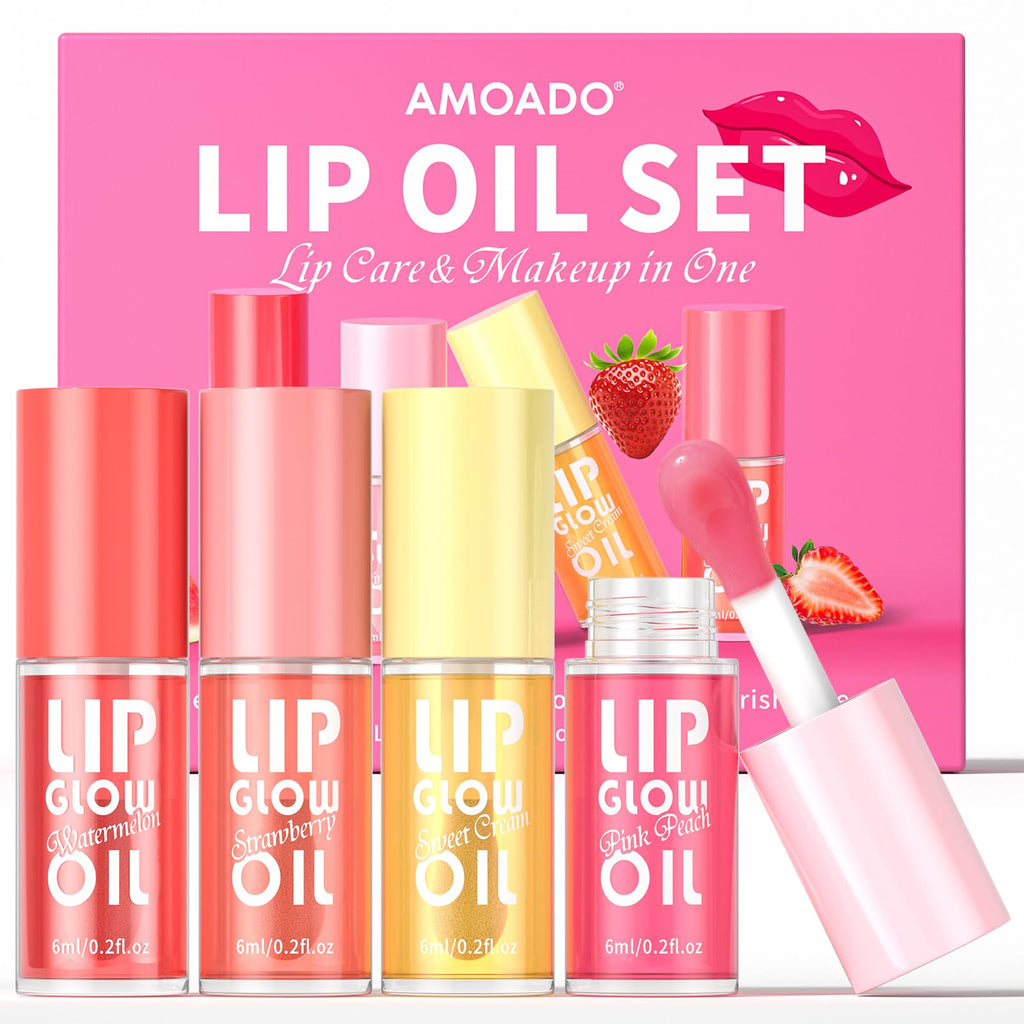 AMOADO Lip Oil Gift Set – Hydrating, Non-Sticky Glossy Tint in 4 Fruity Shades
