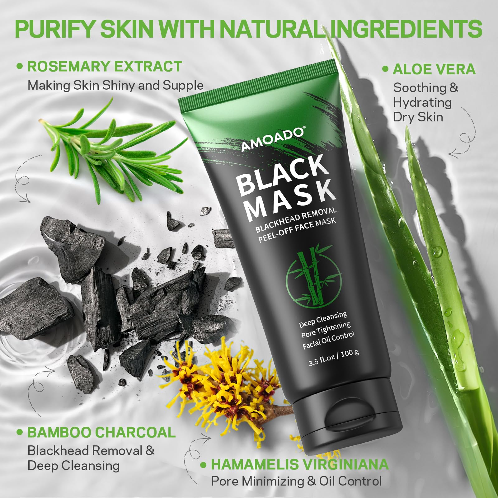 AMOADO Blackhead Remover Mask with Charcoal Peel-Off | 100g Pore Refining Kit + Brush & Extractor