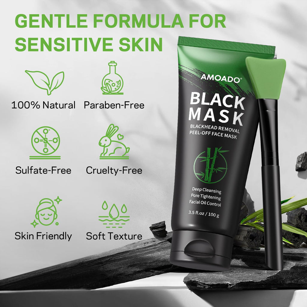 AMOADO Blackhead Remover Mask with Charcoal Peel-Off | 100g Pore Refining Kit + Brush & Extractor