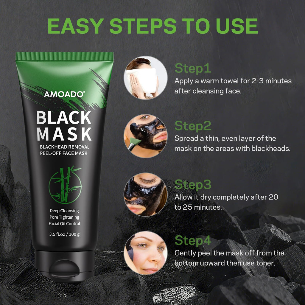 AMOADO Blackhead Remover Mask with Charcoal Peel-Off | 100g Pore Refining Kit + Brush & Extractor