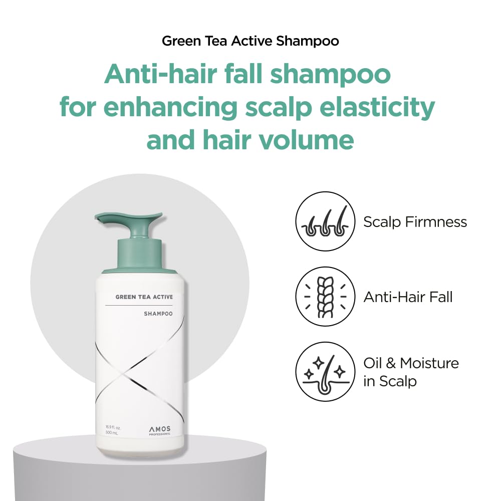 AMOS PROFESSIONAL Green Tea Active Shampoo – Anti-Aging for Fine, Thinning Hair | Scalp Protection & Volumizing, 16.9 oz