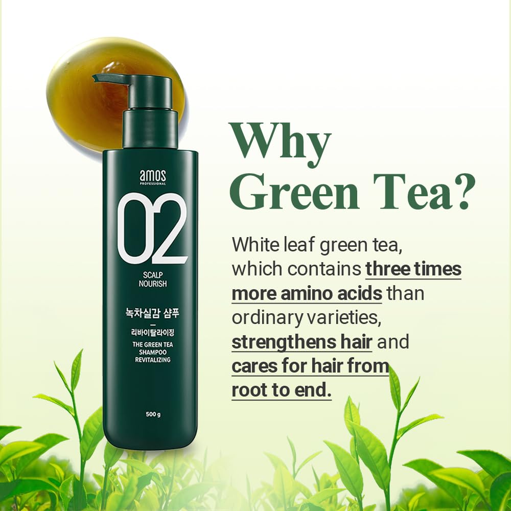 AMOS PROFESSIONAL The Green Tea Shampoo Refresh for Oily Scalp – 17.6oz (500g) | Silicone-Free Hair Growth Shampoo