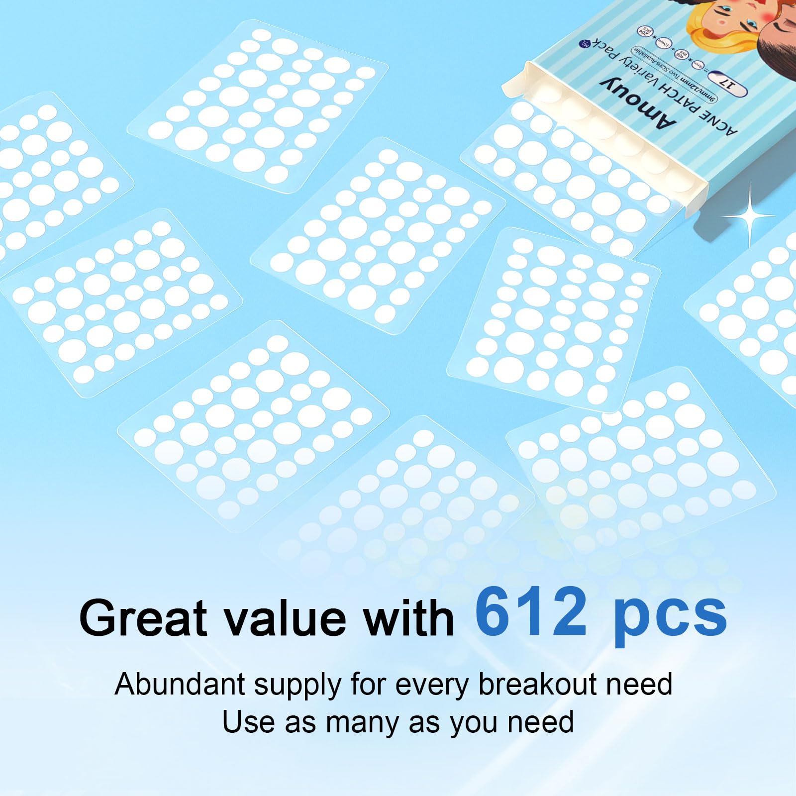 Amouy Acne Pimple Patch – 2 Sizes, 612 Dots Hydrocolloid Patches with Witch Hazel, Tea Tree & Calendula