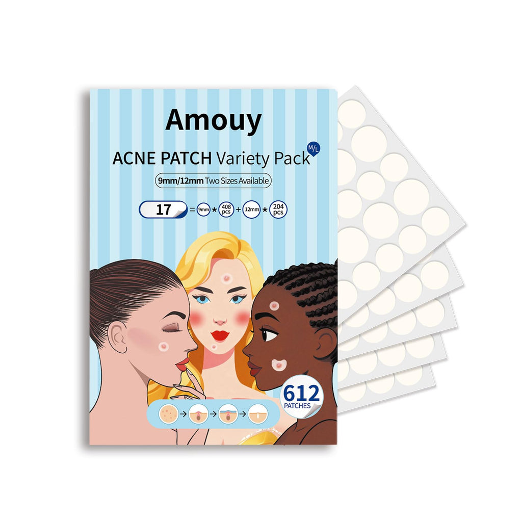 Amouy Acne Pimple Patch – 2 Sizes, 612 Dots Hydrocolloid Patches with Witch Hazel, Tea Tree & Calendula