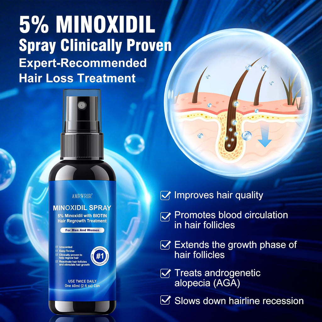 AMRWRIR 5% Minoxidil Spray for Hair Growth – Biotin & Castor Oil Infusion (6 Month Supply, 6 Pcs, 12 Fl Oz)