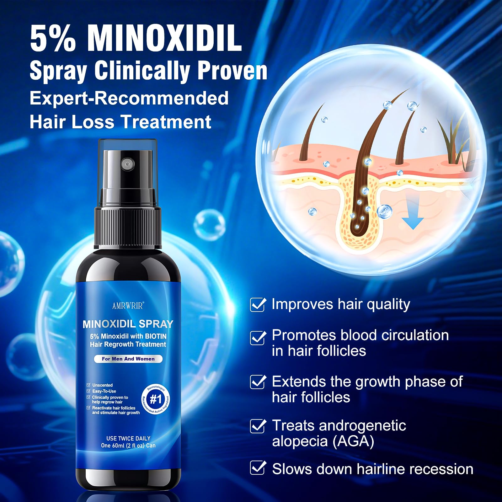 AMRWRIR 5% Minoxidil Spray for Hair Growth – Biotin & Castor Oil Infusion (6 Month Supply, 6 Pcs, 12 Fl Oz)