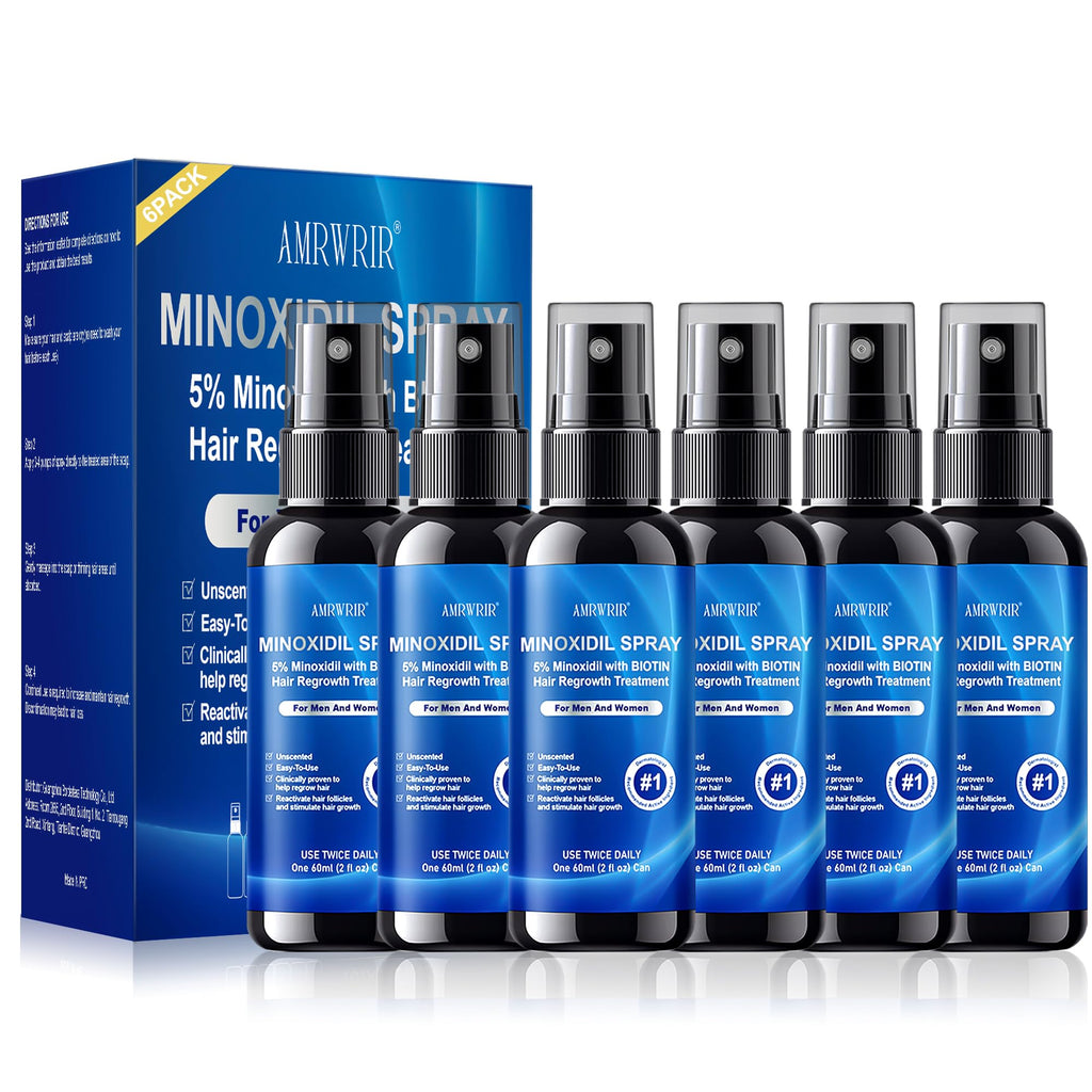 AMRWRIR 5% Minoxidil Spray for Hair Growth – Biotin & Castor Oil Infusion (6 Month Supply, 6 Pcs, 12 Fl Oz)