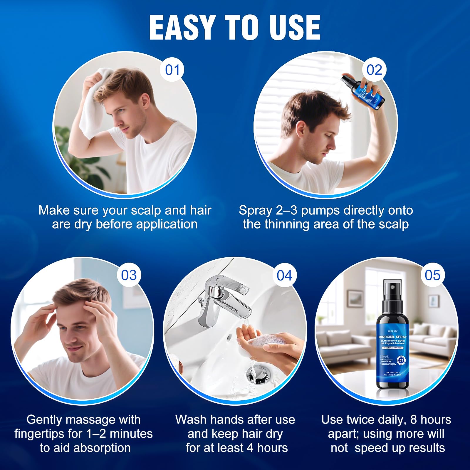 AMRWRIR 5% Minoxidil Spray for Hair Growth – Biotin & Castor Oil Infusion (6 Month Supply, 6 Pcs, 12 Fl Oz)