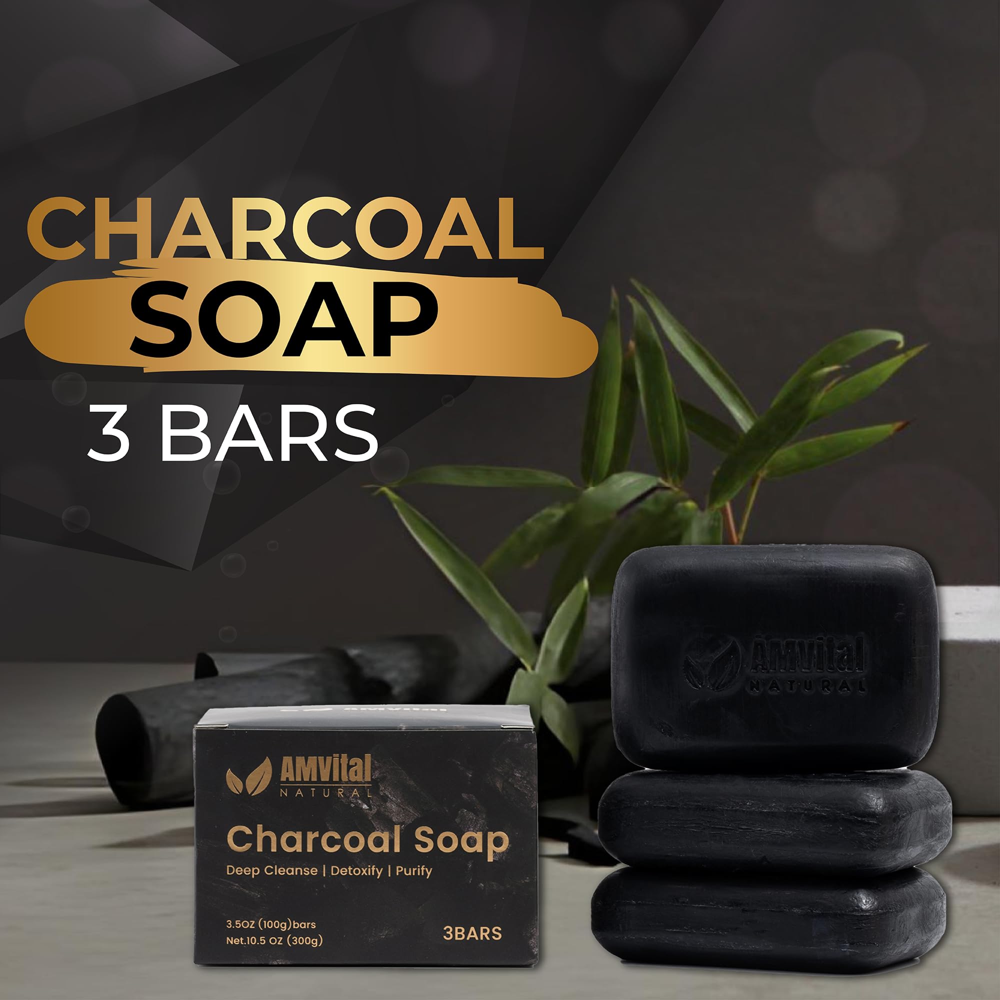 AMVital Natural Charcoal Soap Bar Set - 3-Pack | Plant-Based Face & Body Cleanser