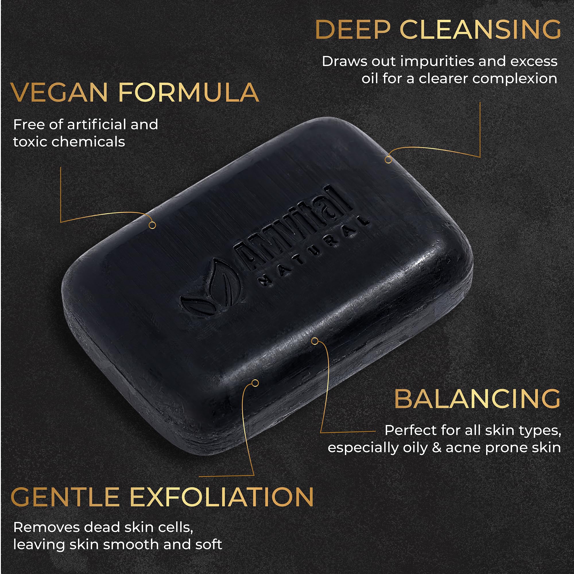 AMVital Natural Charcoal Soap Bar Set - 3-Pack | Plant-Based Face & Body Cleanser