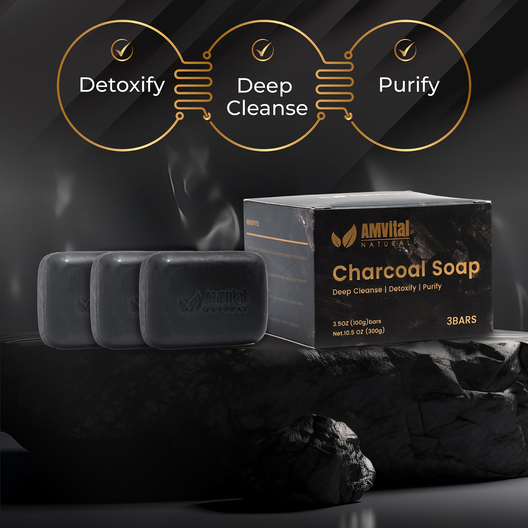 AMVital Natural Charcoal Soap Bar Set - 3-Pack | Plant-Based Face & Body Cleanser