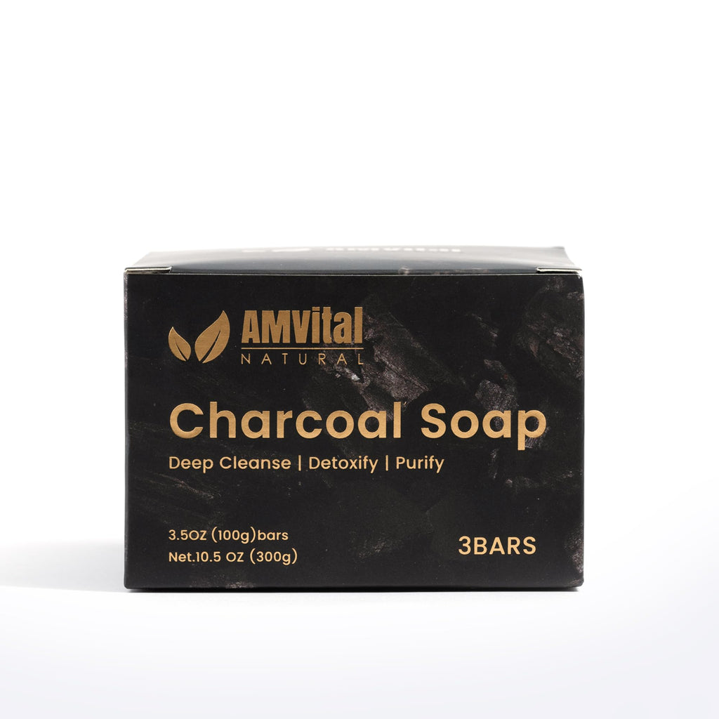 AMVital Natural Charcoal Soap Bar Set - 3-Pack | Plant-Based Face & Body Cleanser