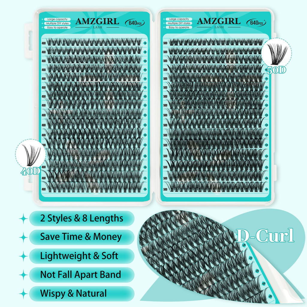 AMZGIRL LASH Lash Clusters Kit 640Pcs | DIY Lash Extensions 40D/50D 9-16mm