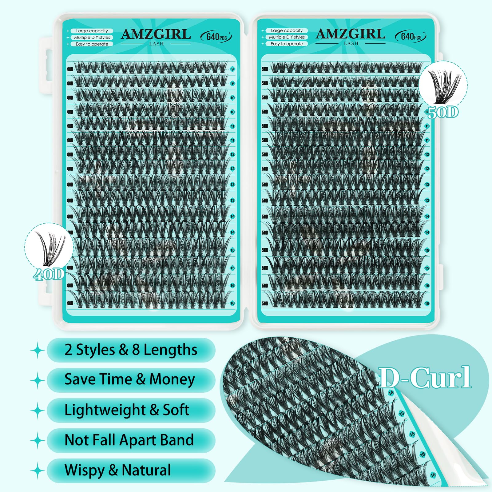 AMZGIRL LASH Lash Clusters Kit 640Pcs | DIY Lash Extensions 40D/50D 9-16mm