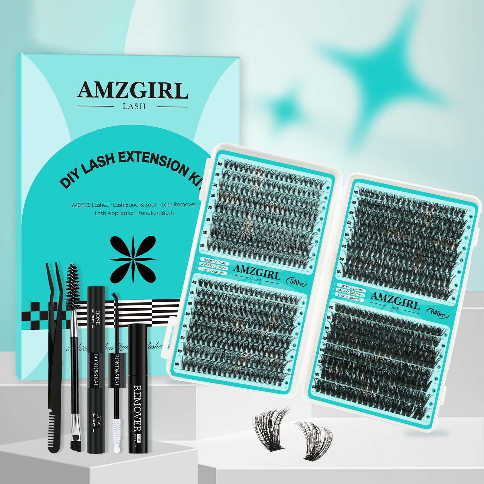 AMZGIRL LASH Lash Clusters Kit 640Pcs – DIY Extensions with Bond, Seal, Remover, Tools (30D–80D)