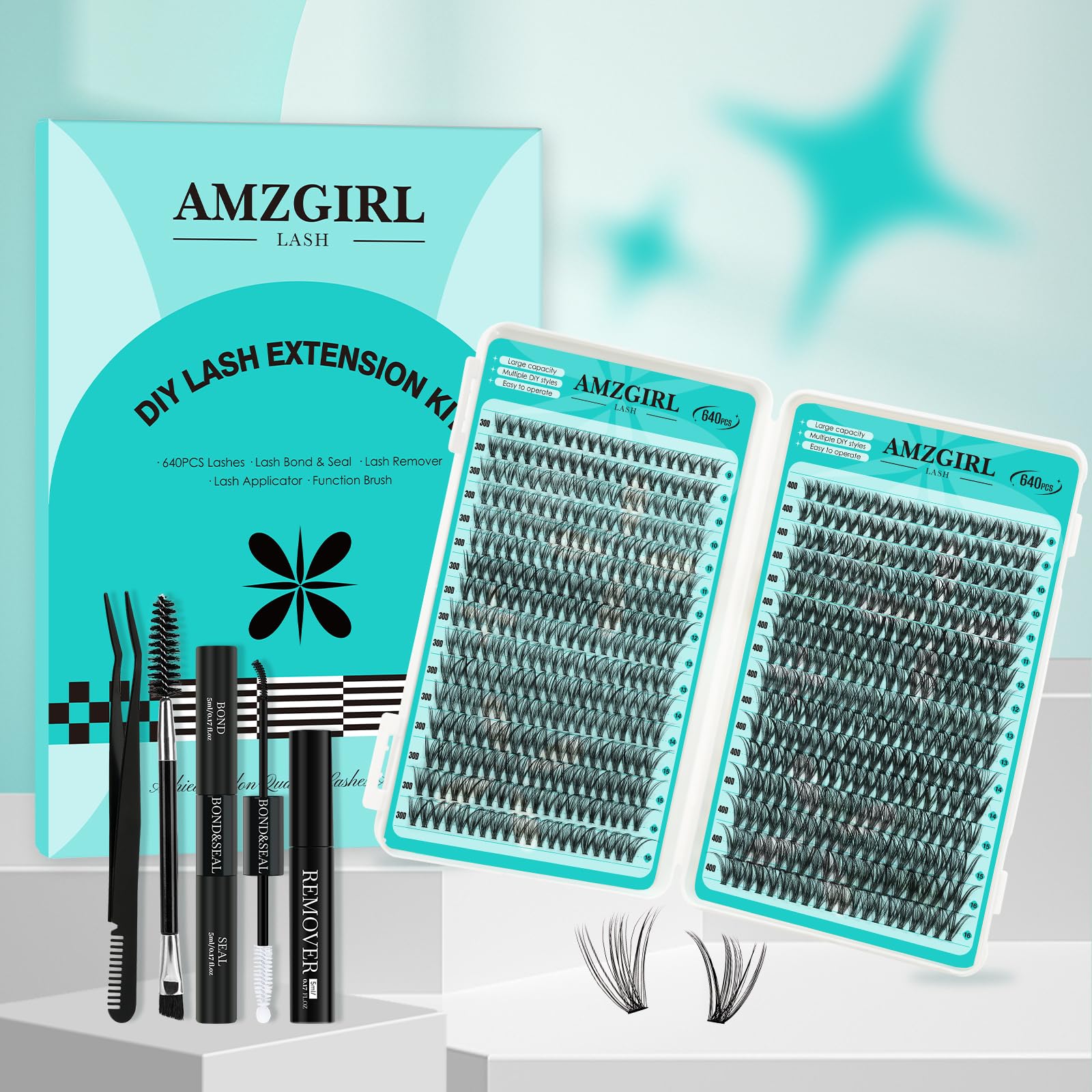 AMZGIRL LASH Lash Clusters Kit — 640Pcs DIY 9-16mm Extensions