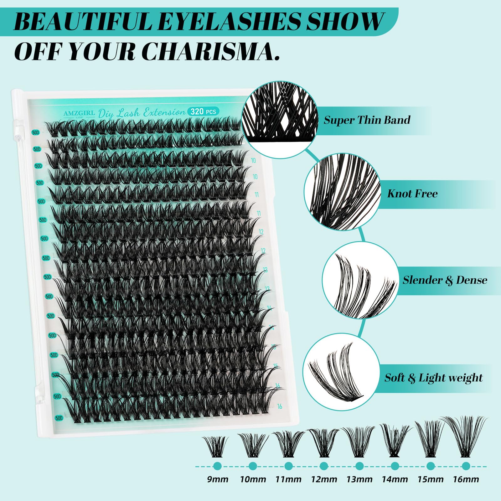 AMZGIRL LASH Lash Clusters Kit 320Pcs — DIY Lash Extensions 50D with Bond & Seal