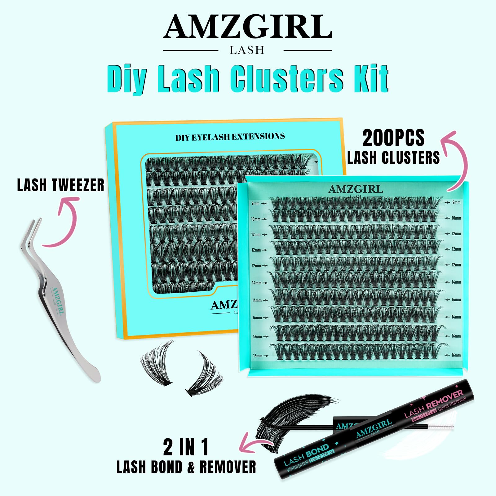 AMZGIRL LASH Lash Extension Kit 200Pcs – DIY Clusters 9-16mm with Bond & Remover