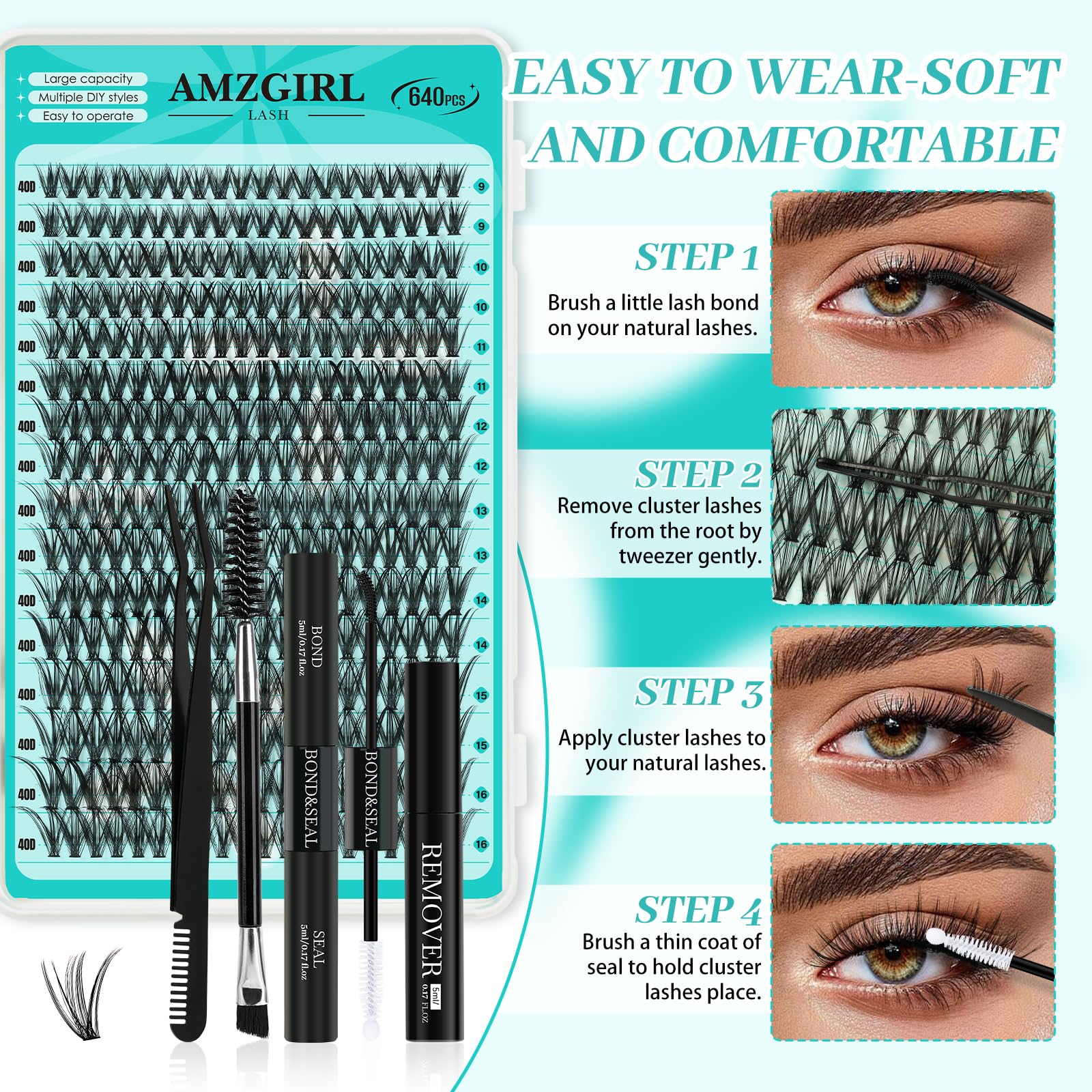 AMZGIRL LASH Lash Clusters Kit — 640Pcs DIY 9-16mm Extensions