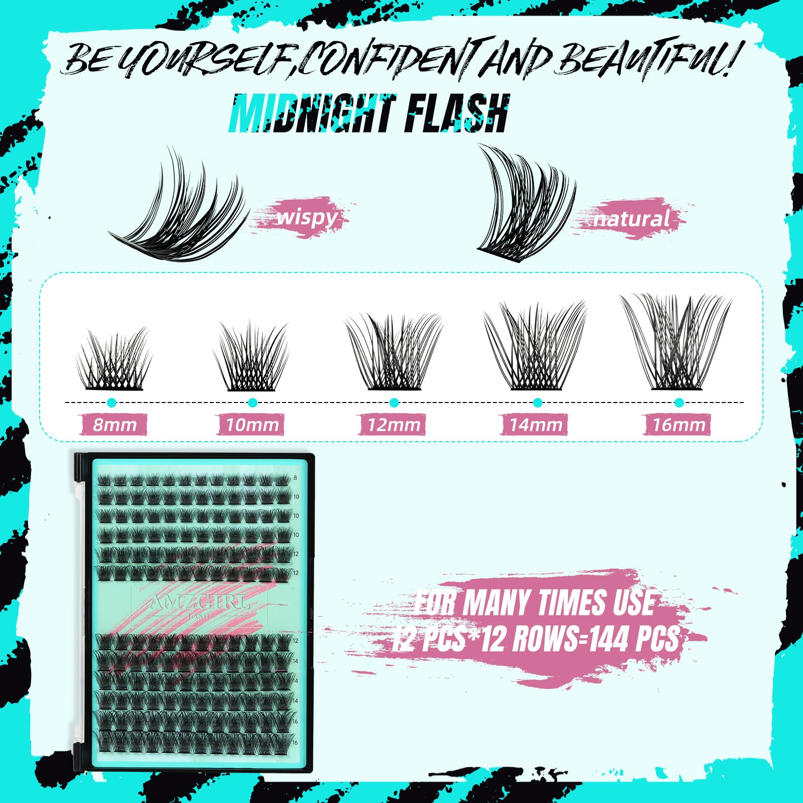 AMZGIRL LASH Lash Clusters Kit 144Pcs Midnight with Bond & Seal