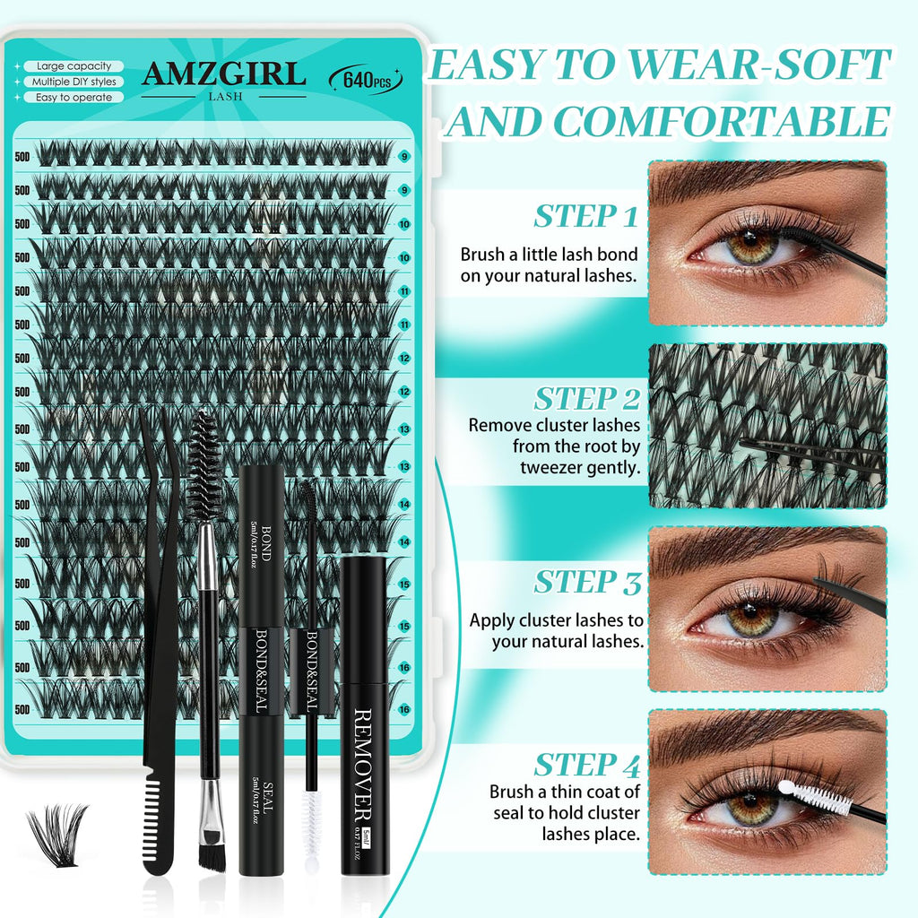 AMZGIRL LASH Lash Clusters Kit 640Pcs | DIY Lash Extensions 40D/50D 9-16mm