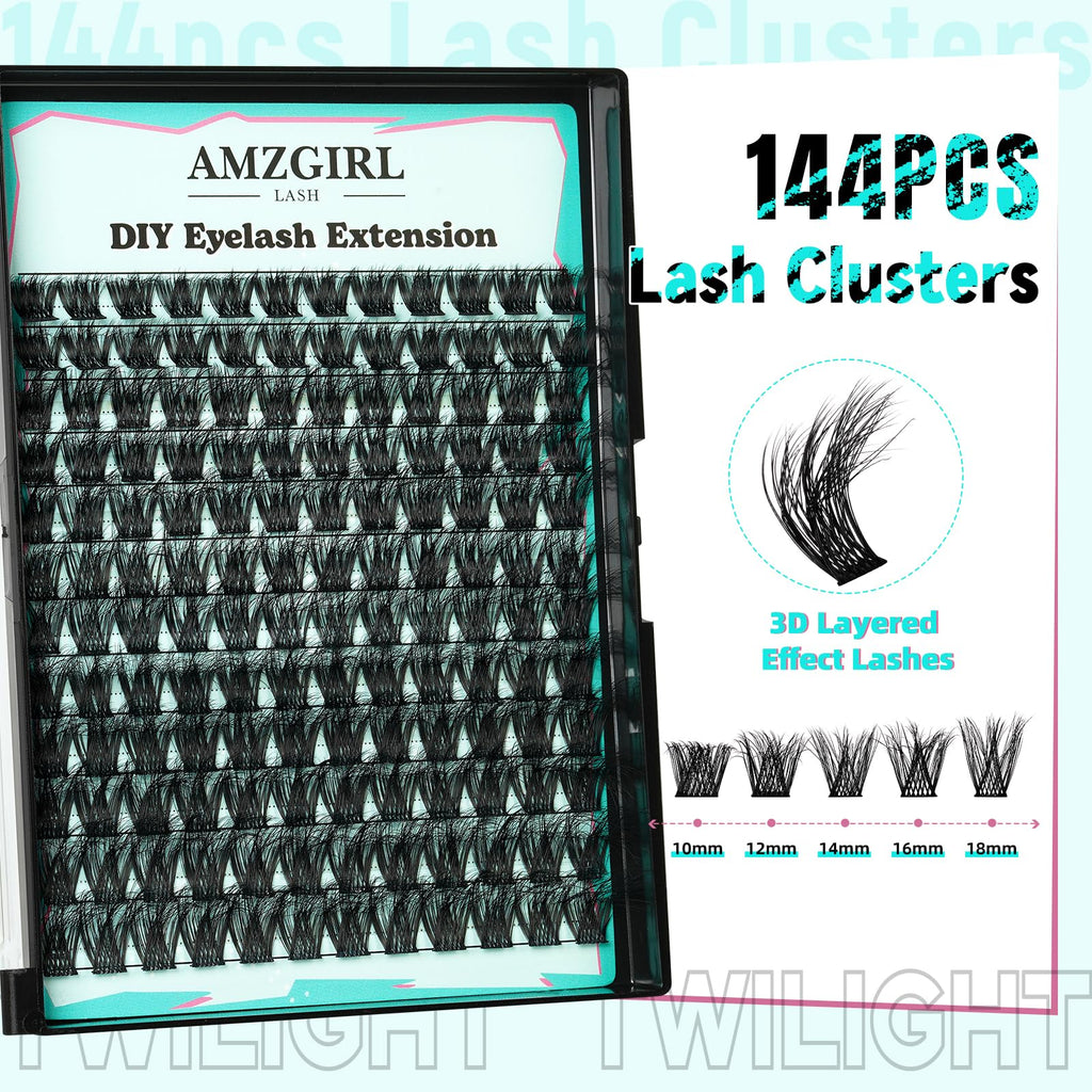 AMZGIRL LASH Lash Extension Kit 3D Clusters – 144pcs, D-Curl, Twilight