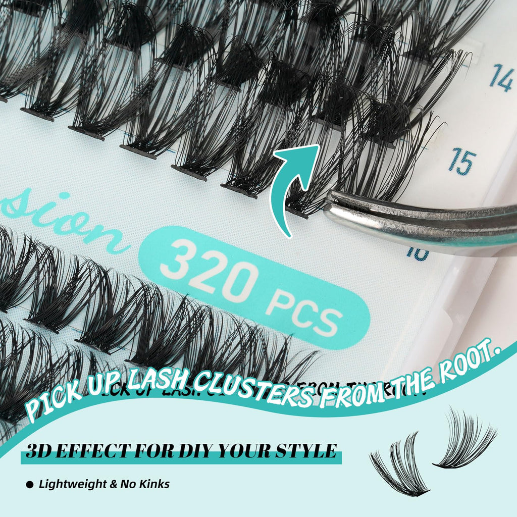 AMZGIRL LASH Lash Extension Kit — 320Pcs DIY Lash Clusters, Bond & Seal, Remover, Applicator (9–16mm, 40D/50D)