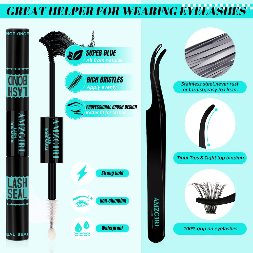 AMZGIRL LASH Lash Clusters Kit 280Pcs – DIY Eyelash Extensions 60D/80D, Bond & Seal, Remover, Applicator