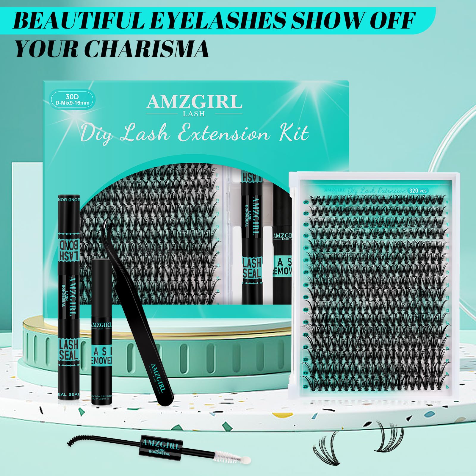 AMZGIRL LASH Lash Clusters Kit 320Pcs – DIY 30D 9-16mm with Bond & Seal
