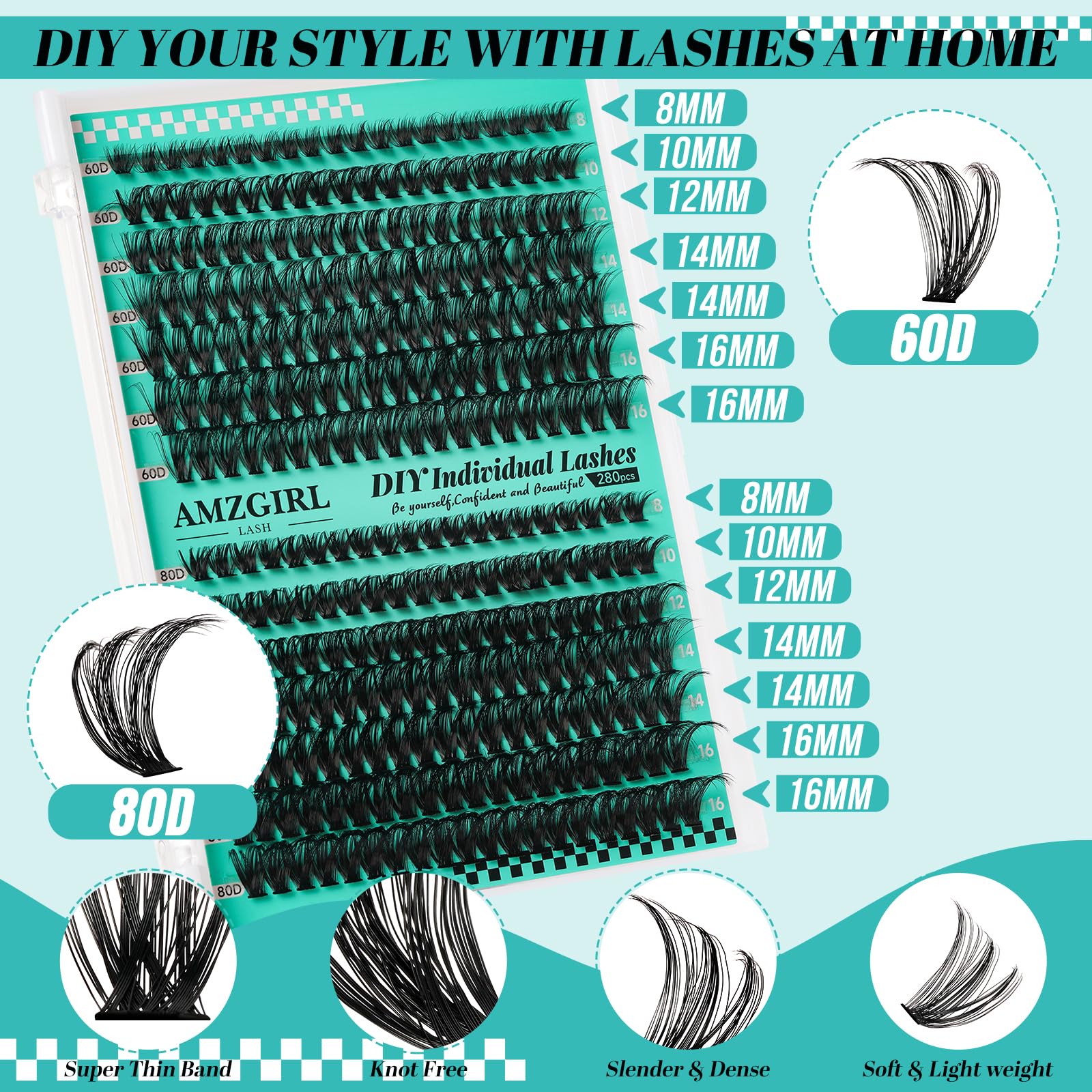 AMZGIRL LASH Lash Clusters Kit 280Pcs – DIY Eyelash Extensions 60D/80D, Bond & Seal, Remover, Applicator