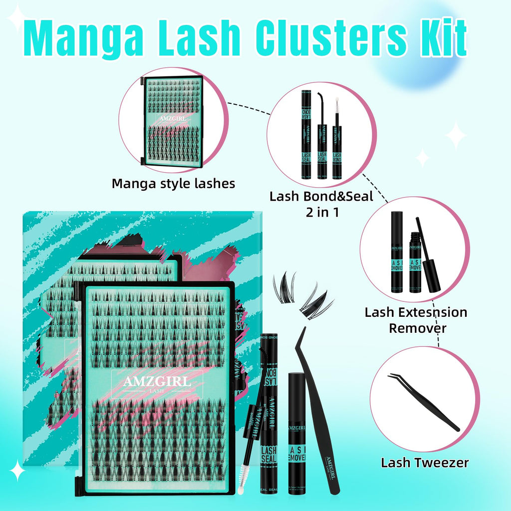 AMZGIRL LASH Manga Lash Clusters Kit 144PCS – Invisible Band, Bond & Seal, 8-16mm