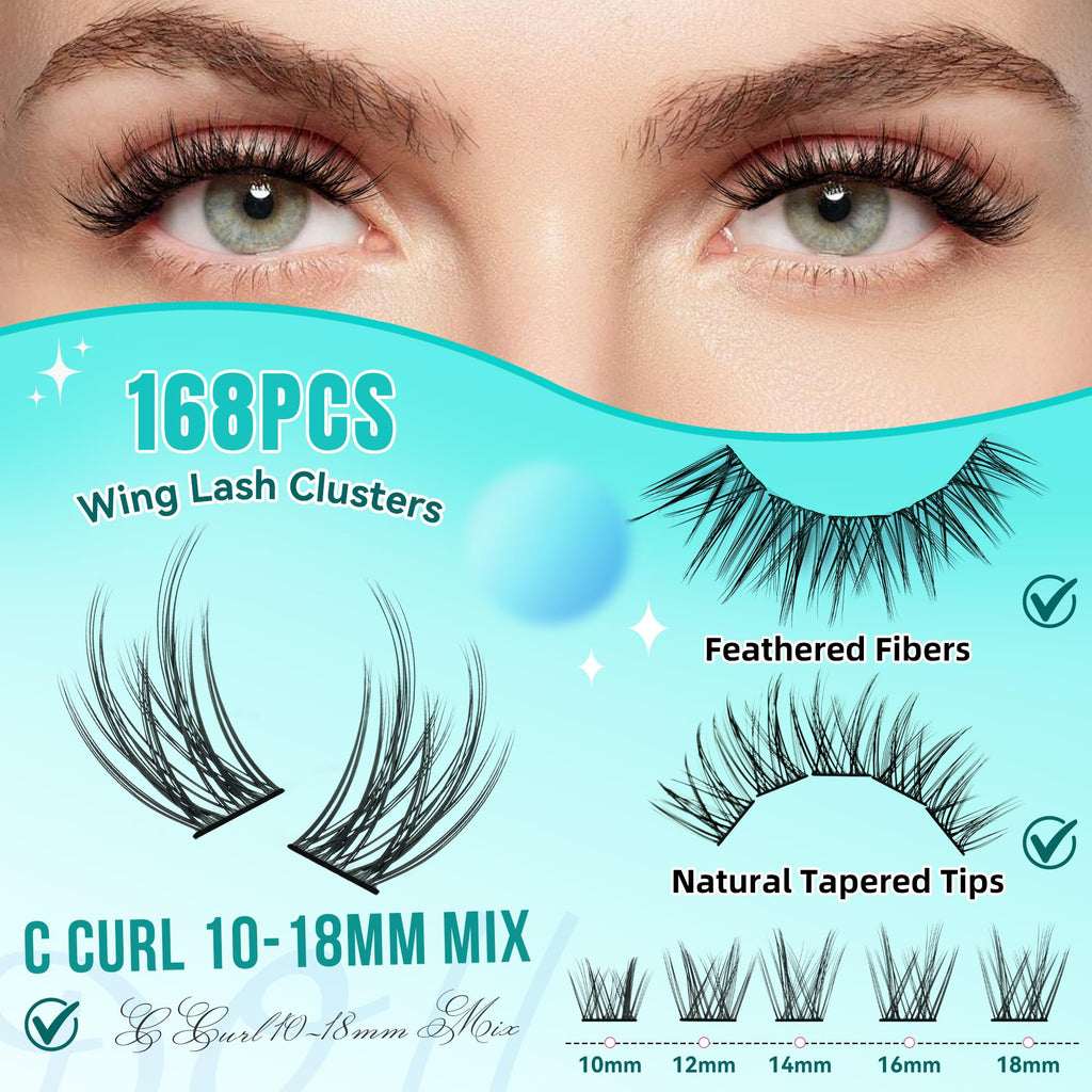 AMZGIRL LASH Manga Lash Clusters Kit 168pcs – C Curl Fairy Lashes with Bond & Seal, Remover & Tweezers