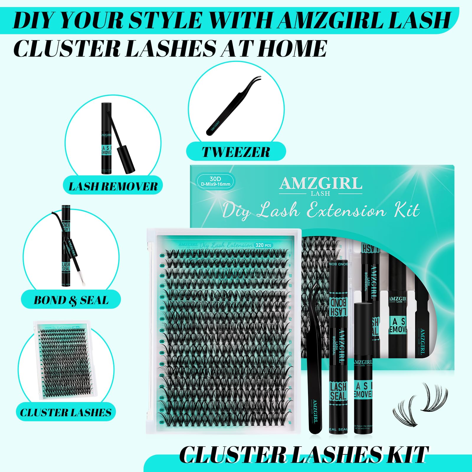 AMZGIRL LASH Lash Clusters Kit 320Pcs – DIY 30D 9-16mm with Bond & Seal