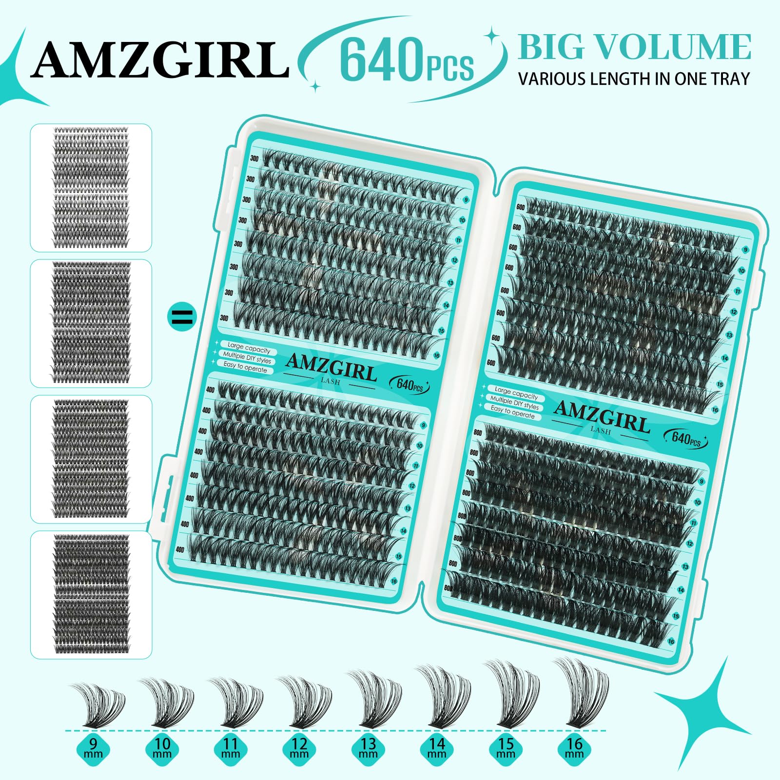 AMZGIRL LASH Lash Clusters Kit 640Pcs – DIY Extensions with Bond, Seal, Remover, Tools (30D–80D)