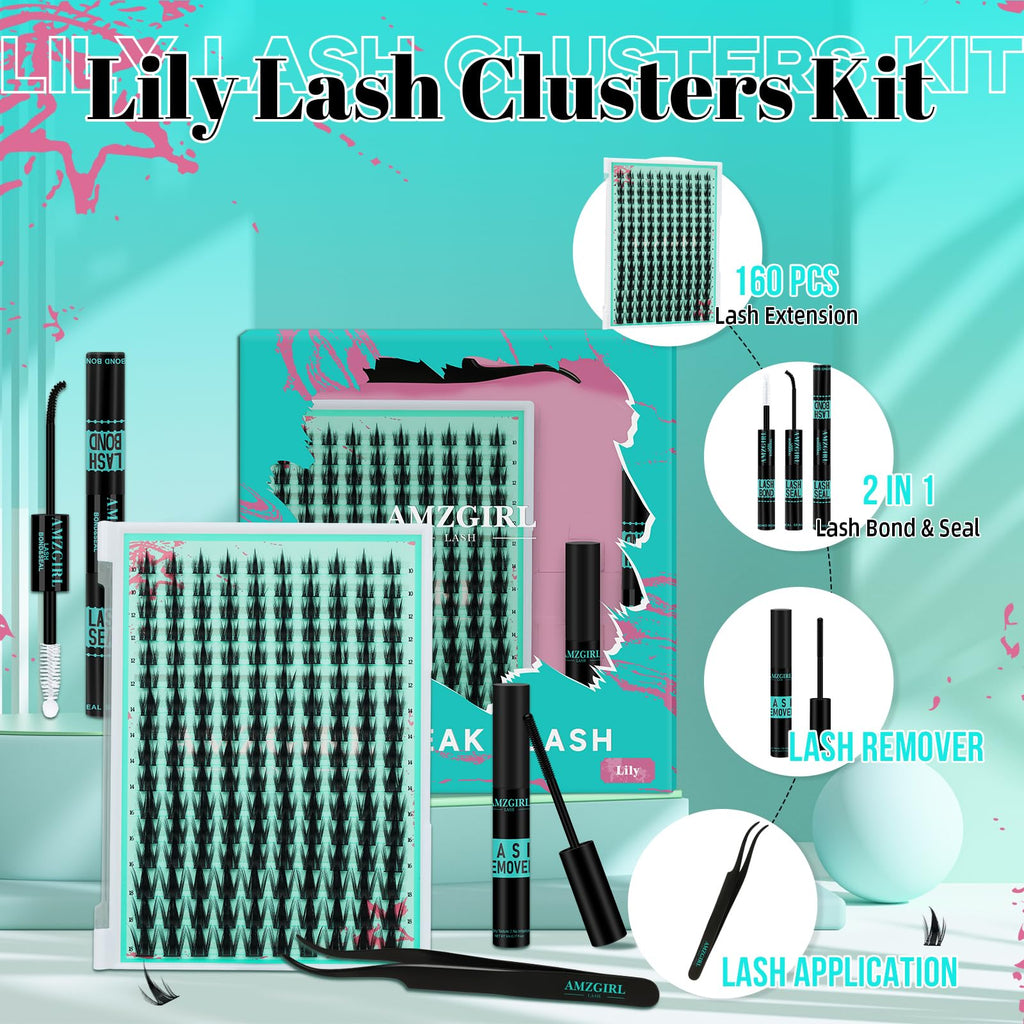 AMZGIRL LASH Lash Clusters Kit 160PCS: Manga Look with Bond, Seal, Remover & Applicator