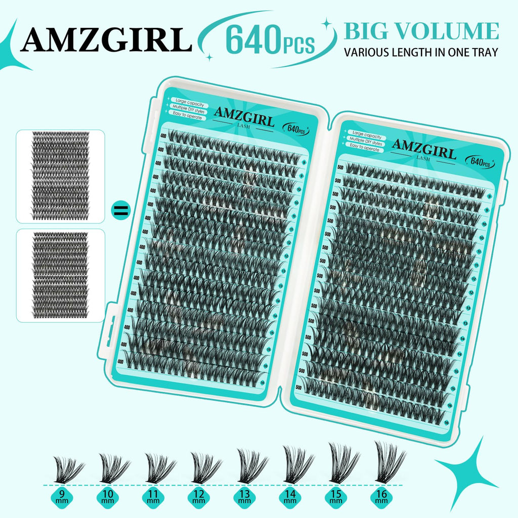 AMZGIRL LASH Lash Clusters Kit 640Pcs | DIY Lash Extensions 40D/50D 9-16mm