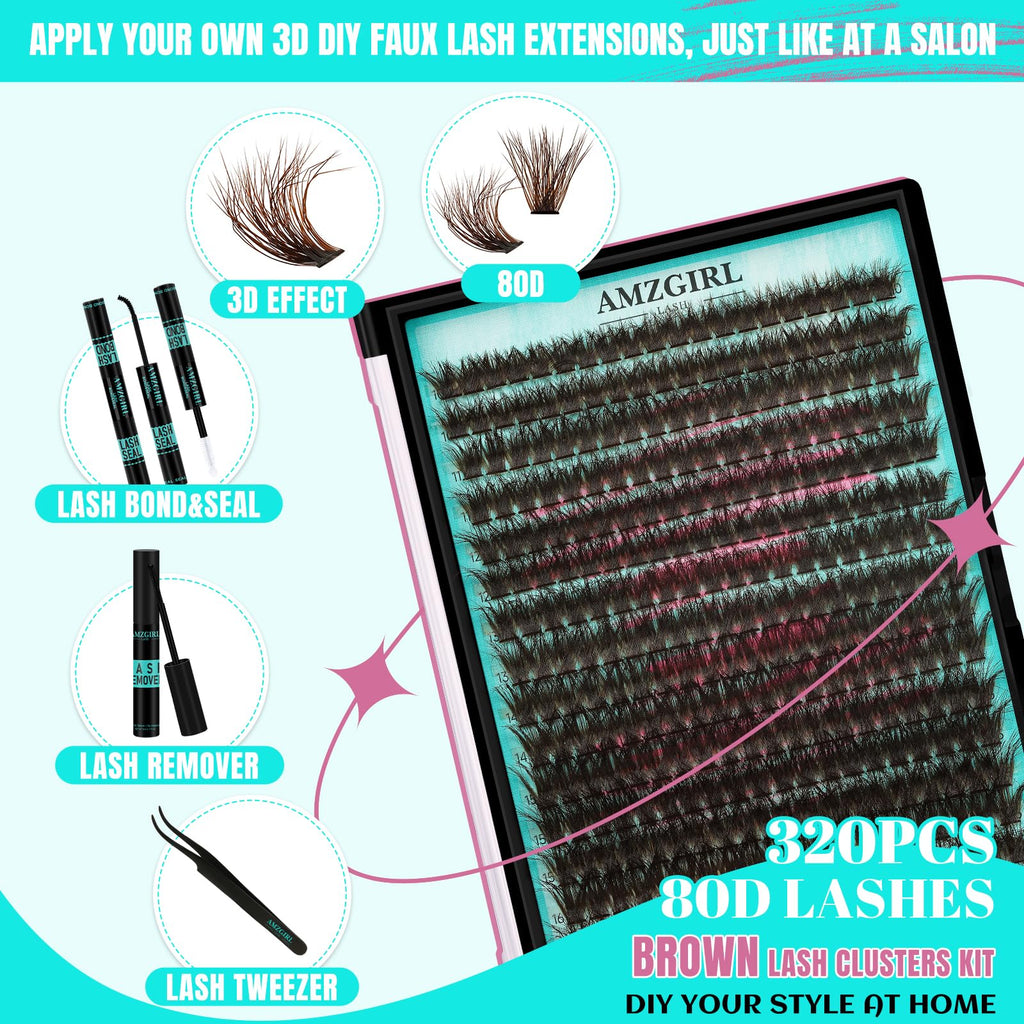 AMZGIRL LASH Brown Lash Clusters Kit — 320Pcs 80D DIY Lash Extensions at Home