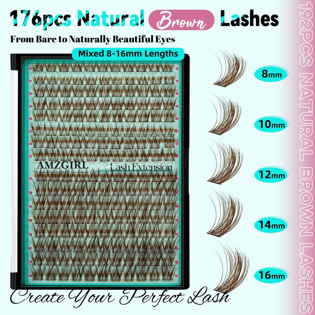 AMZGIRL LASH Brown Lash Clusters – 176 Pcs, C Curl, Natural Dark Brown, Beginner Friendly DIY Lashes