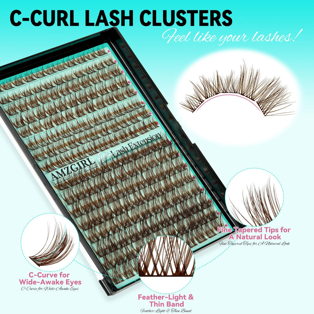 AMZGIRL LASH Brown Lash Clusters – 176 Pcs, C Curl, Natural Dark Brown, Beginner Friendly DIY Lashes