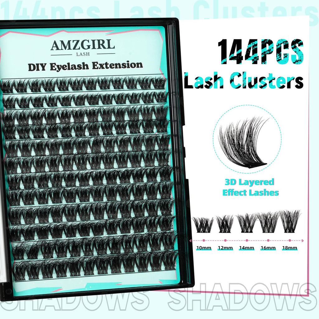 AMZGIRL LASH 3D Lash Extension Kit – 144 Pcs D-Curl Clusters