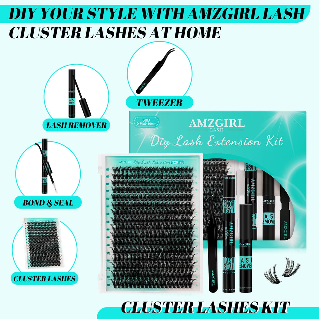 AMZGIRL LASH Lash Clusters Kit 320Pcs — DIY Lash Extensions 50D with Bond & Seal