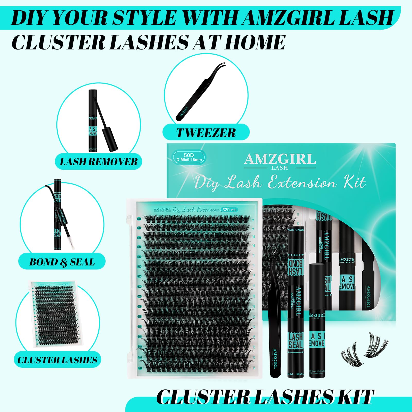 AMZGIRL LASH Lash Clusters Kit 320Pcs — DIY Lash Extensions 50D with Bond & Seal