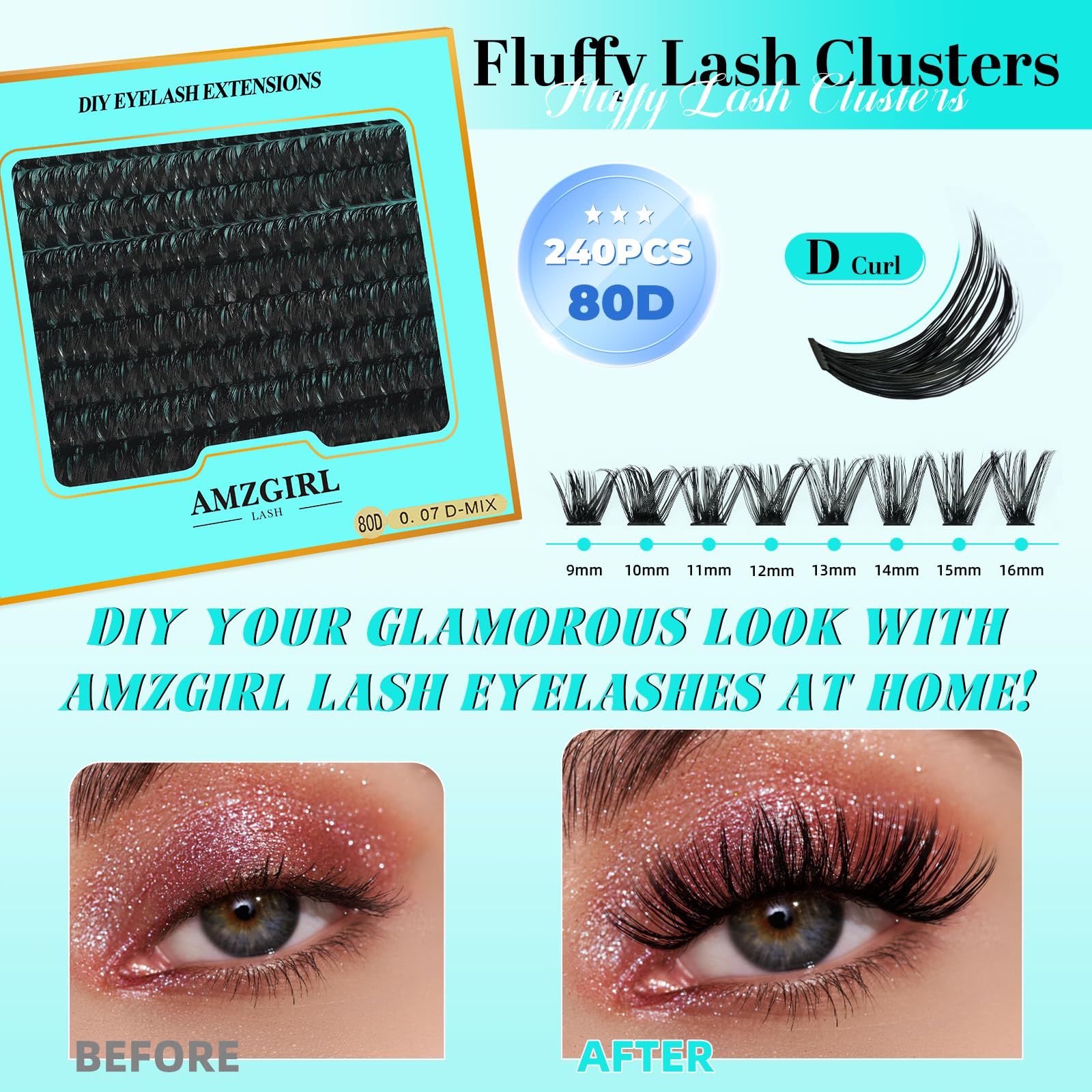 AMZGIRL LASH | 240 Pcs Lash Clusters for DIY Home Eyelash Extensions – 9-16mm D-Curl Mix