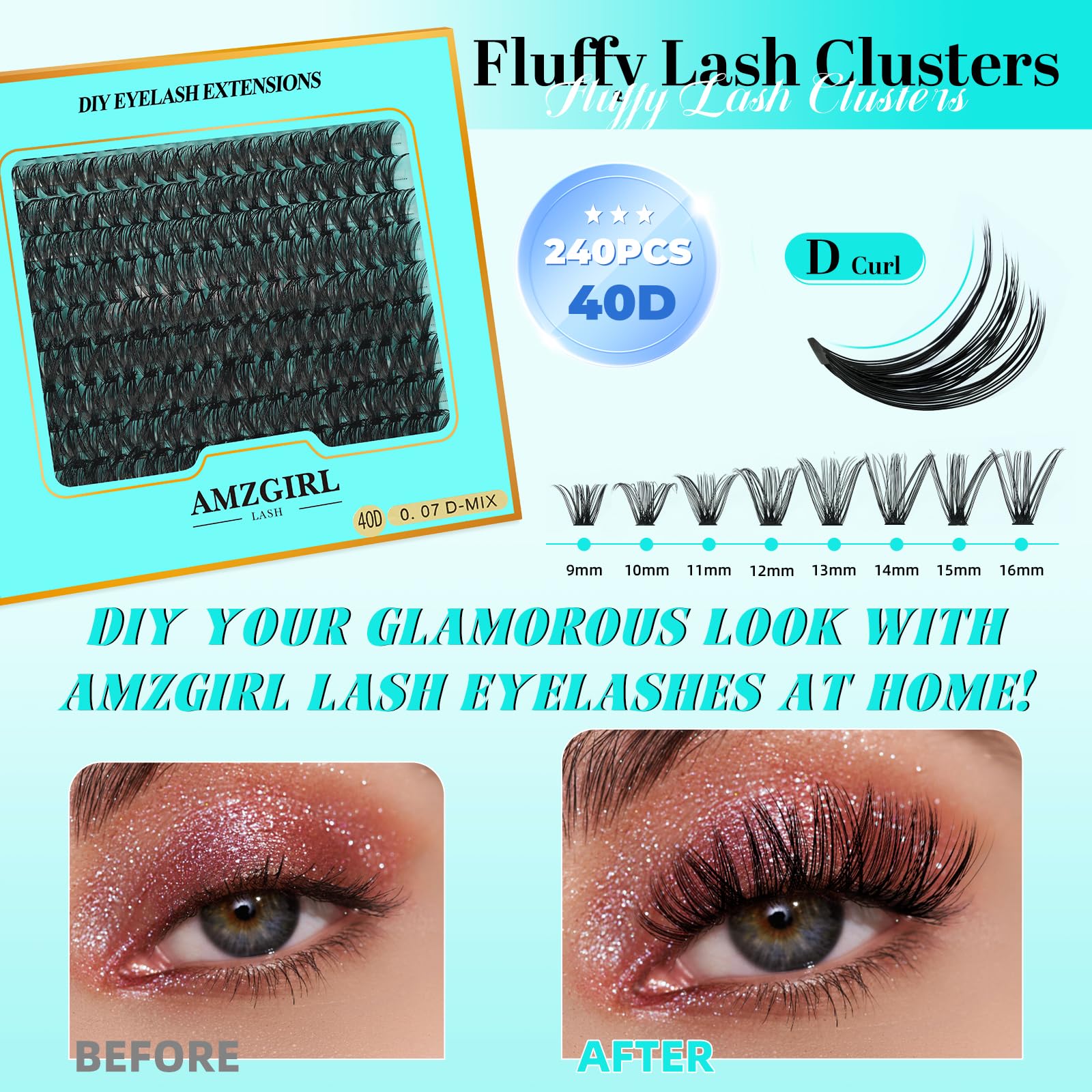 AMZGIRL LASH Lash Clusters 240pcs – DIY D-Curl 9-16mm Eyelash Extensions