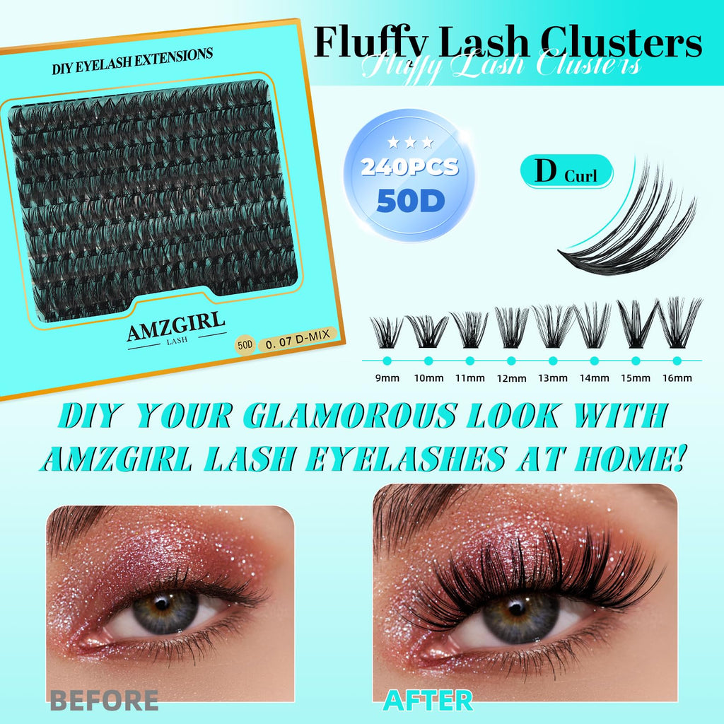 AMZGIRL LASH Lash Clusters 240pcs – DIY Eyelash Extensions, 9-16mm D-Curl, Wispy False Lashes